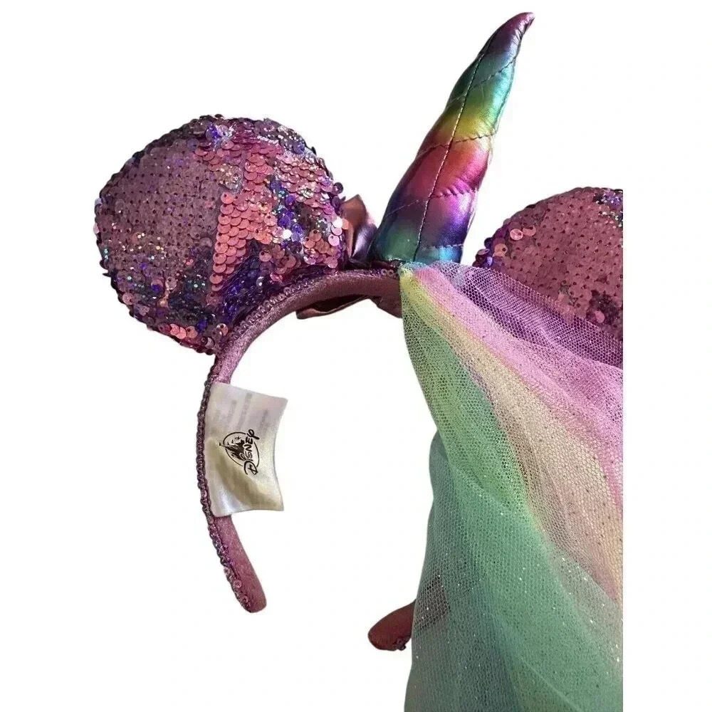 Disney Parks Minnie Mouse Ears Pink Purple Sequin Unicorn Rainbow Veil Headband - Picture 6 of 6